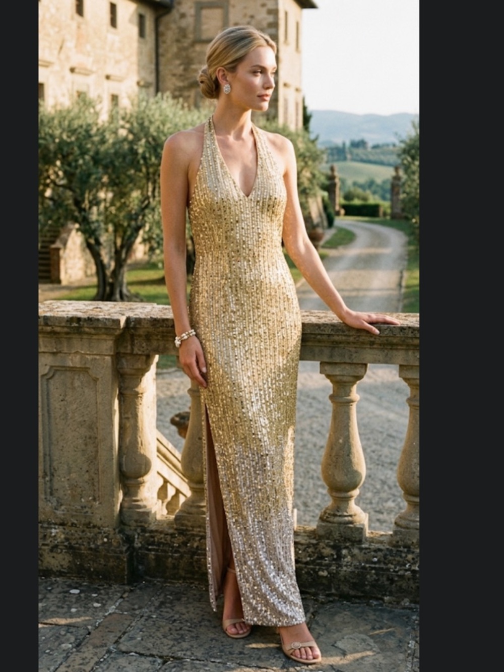 NWT Adrianna Papell Beaded Halter Long Dress Silver/Gold Sequin Gown Size 12